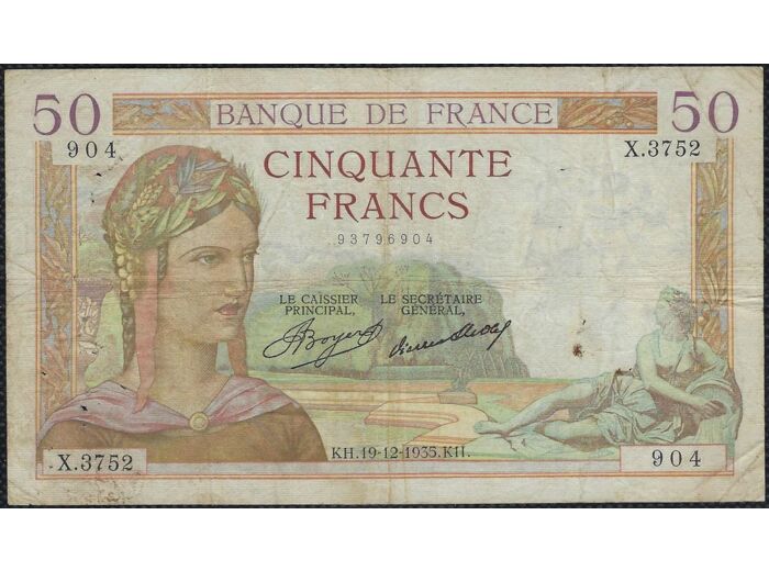 FRANCE 50 FRANCS CERES 19-12-1935 X.3752 TB+