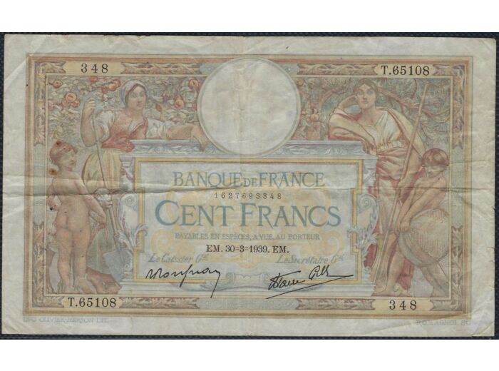 FRANCE 100 FRANCS MERSON SANS LOM 30-3-1939 T.65108 TB+