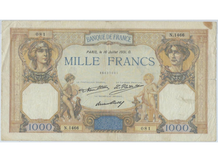 FRANCE 1000 FRANCS CERES ET MERCURE 16 JUILLET 1931 SERIE N.1466 TB+