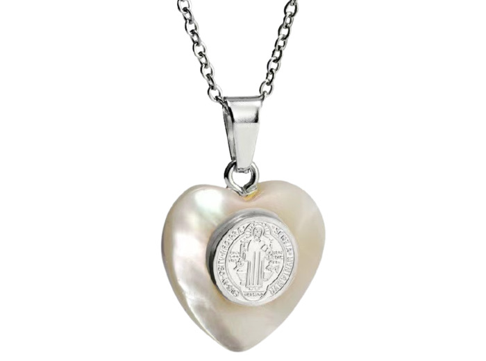 Pendentif Coeur Nacre 20mm  + Chaîne Argentée Réglable - St Benoît