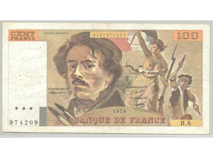 FRANCE 100 FRANCS DELACROIX 1978 SERIE H.6 TTB
