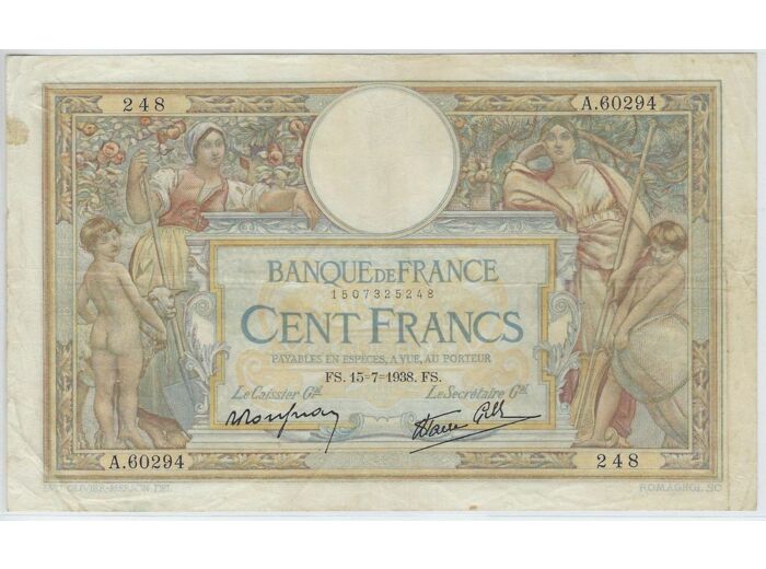 FRANCE 100 FRANCS MERSON SANS LOM SERIE A.60294 15-7-1938 TB+