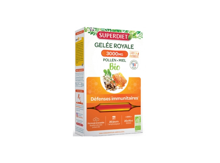 Gelée Royale bio Miel Pollen 3000 mg 20 ampoules de 15ml