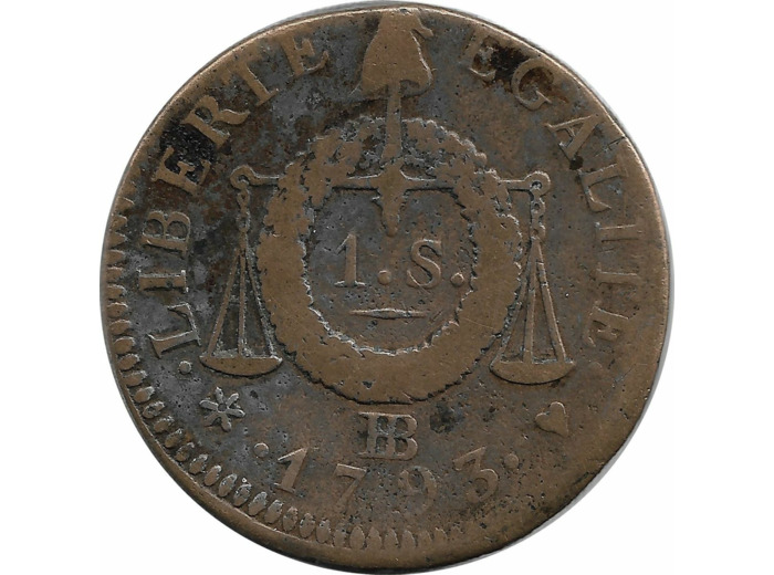 FRANCE LOUIS XVI 1 SOL AUX BALANCES 1793 BB (Strasbourg) TB+