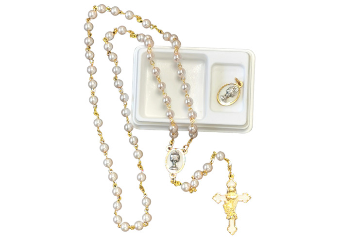Coffret COMMUNION Chapelet doré + croix raisin