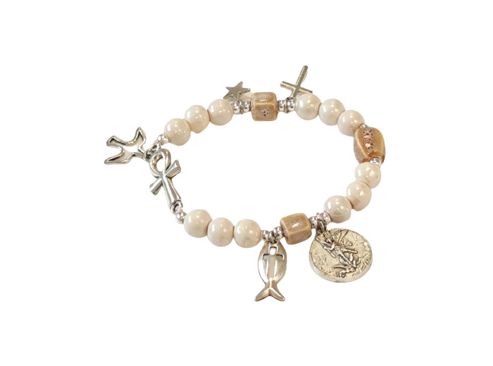 Bracelet élastique 8mm en Céramique - Avec médaille 15mm Saint Michel