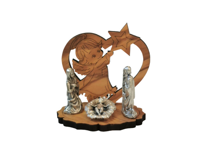 Nativité 3 pièces Métal 2,5cm sur support Bois Ange 5 x 5,5cm