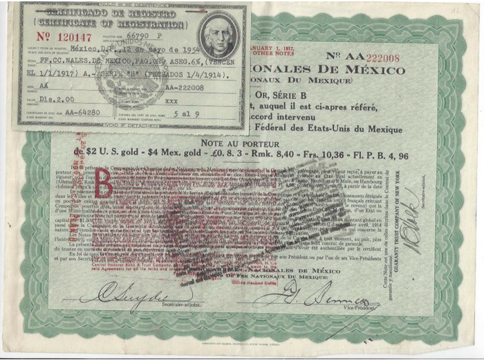 Ferrocarriles Nacionales de Mexico $2 US GOLD DOLLARS 1914 sans coupons