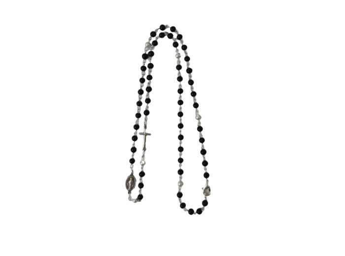 Collier Perles 4mm Croix+ Médaille MIRACULEUSE - NOIR