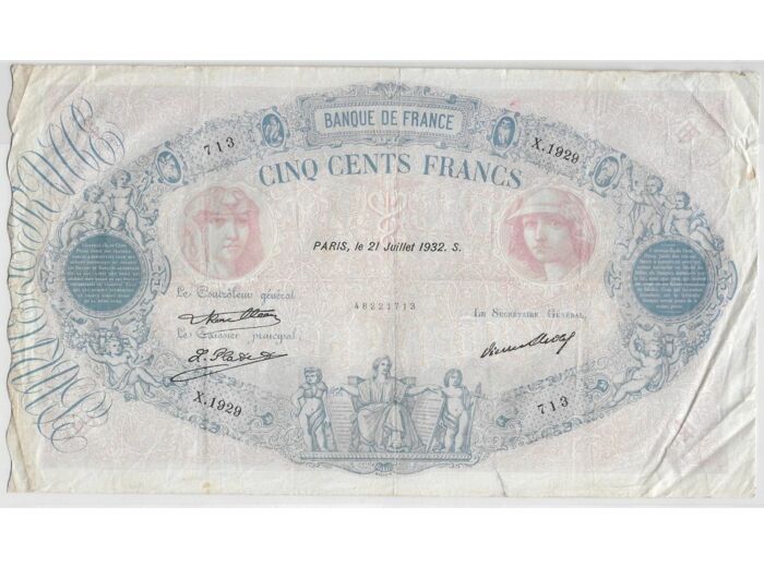 FRANCE 500 FRANCS BLEU ET ROSE X.1929 21 juillet 1932 TB+