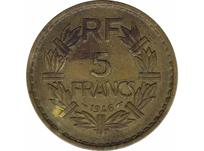 FRANCE 5 FRANCS LAVRILLIER CUPRO ALU 1946 TB+ coup sur tranche