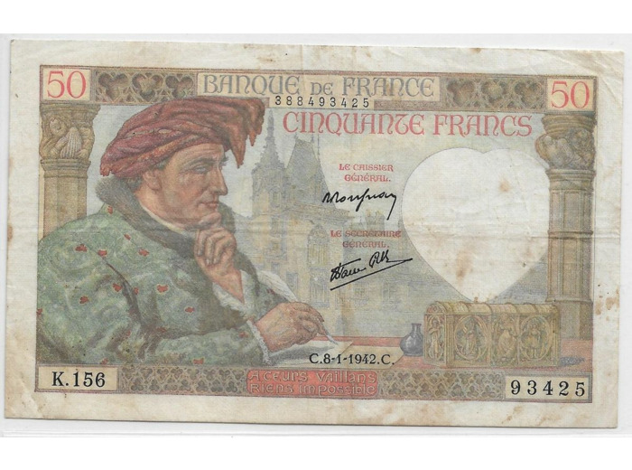 FRANCE 50 FRANCS JACQUES COEUR SERIE K.156 8-1-1942 TTB