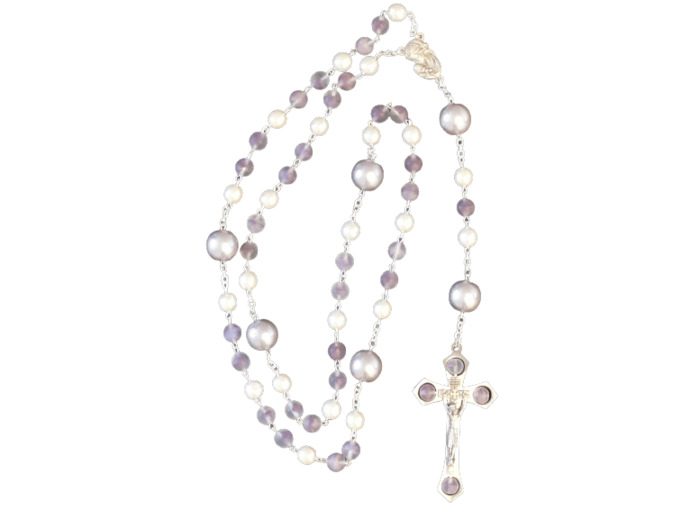 Chapelet sur Chaine Argentée - PERLES MAUVE ET BLANC