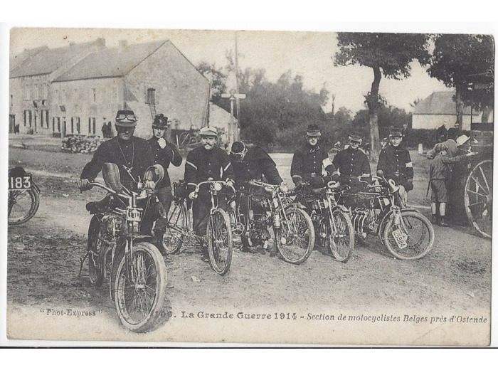 Belgique 1914 LA GRANDE GUERRE Section Motocyclistes Belges près D'Ostende