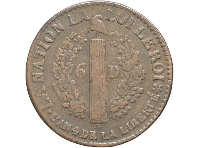 FRANCE 6 DENIERS FRANCAIS 1792 BB (Strasbourg) TB+ (G7)