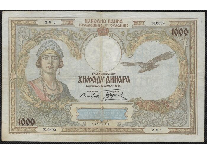 YOUGOSLAVIE 1000 DINARA 1-12-1931 SERIE K.0592 TTB (W29)