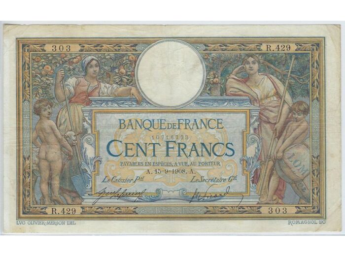 FRANCE 100 FRANCS L.O.M avec LOM SERIE R.429 15-9-1908 TB+