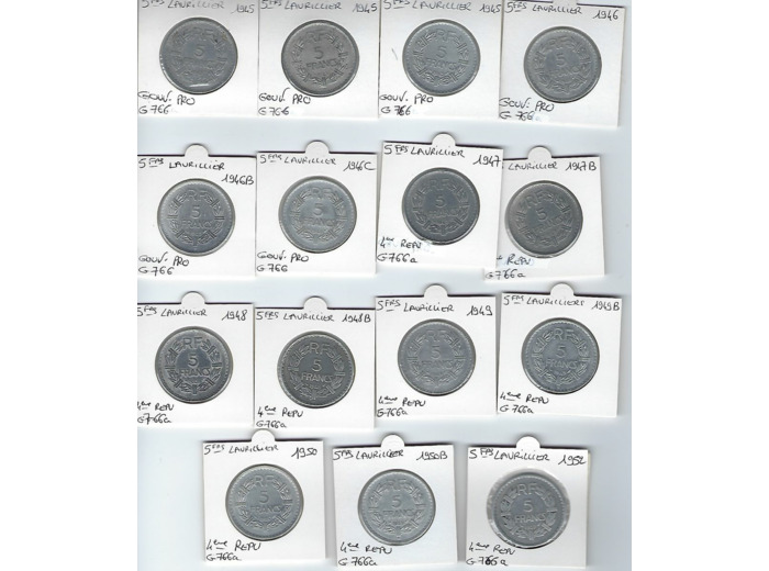 FRANCE 5 FRANCS LAVRILLIER ALU SERIE 1945 a 1952 soit 15 monnaies TB+ a TTB+