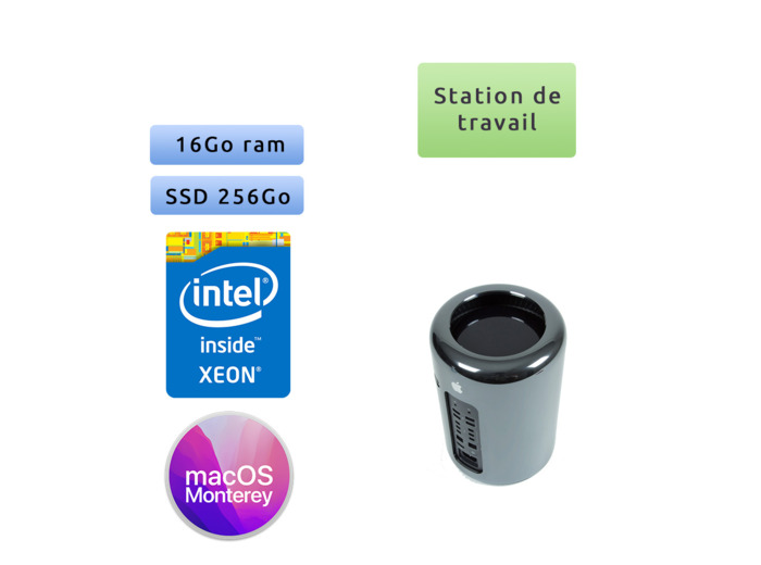 Apple Mac Pro Six Core Xeon 3.5Ghz A1481 (EMC 2630) 16Go 256Go SSD - D500 - MacPro6,1 - 2013 - Station de Travail