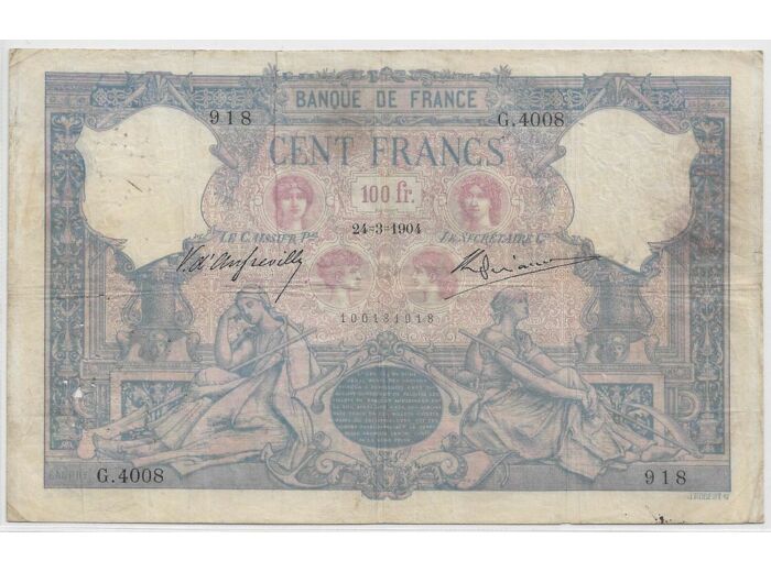 FRANCE 100 FRANCS BLEU ET ROSE SERIE G.4008 24-3-1904 TB+