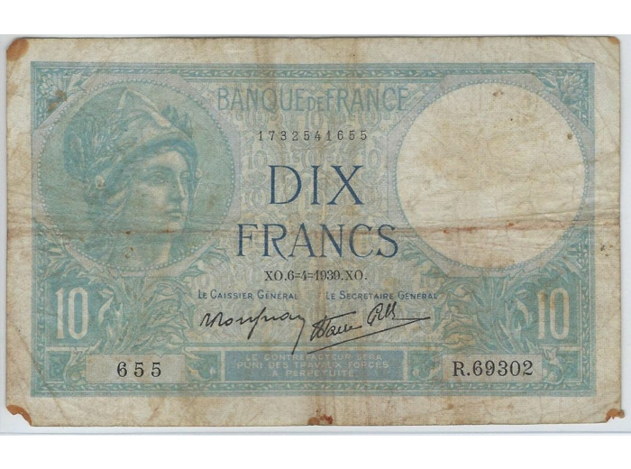 FRANCE 10 FRANCS MINERVE 6-4-1939 SERIE R.69302 TB