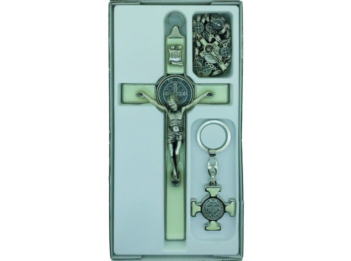 Coffret St Benoît 22,5x11,5cm croix+chapelet+PC - LUMINEUX