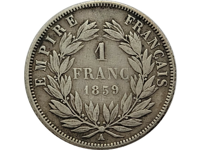 FRANCE 1 FRANC NAPOLEON III tête nue 1859 A (Paris) TB+ (G460)