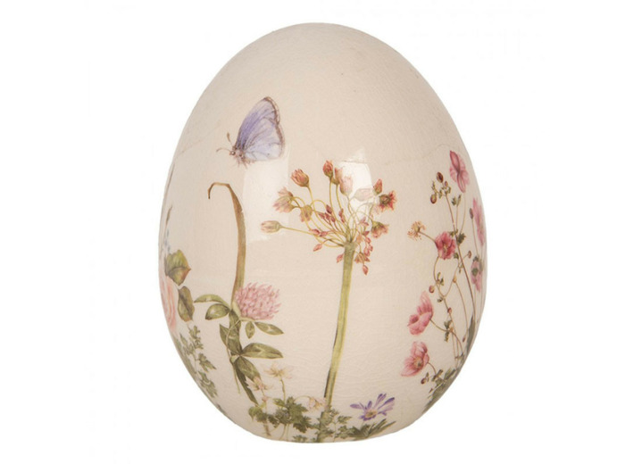 Oeuf décoratif beige céramique fleurs 10x12cm