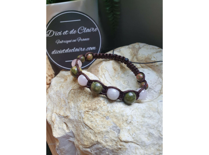 Bracelet Shamballa 11 perles de pierre d'unakite et kunzite