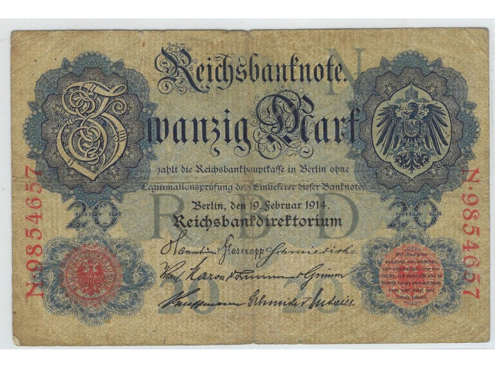 ALLEMAGNE 20 MARK SERIE N 9854657 19-02-1914 TB+