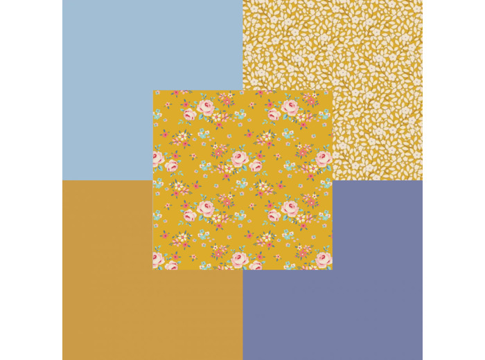 LOT DE 5 COUPONS DE TISSU TILDA UNIS ET IMPRIMÉS  50 X 55 CM, MOUTARDE & BLEU