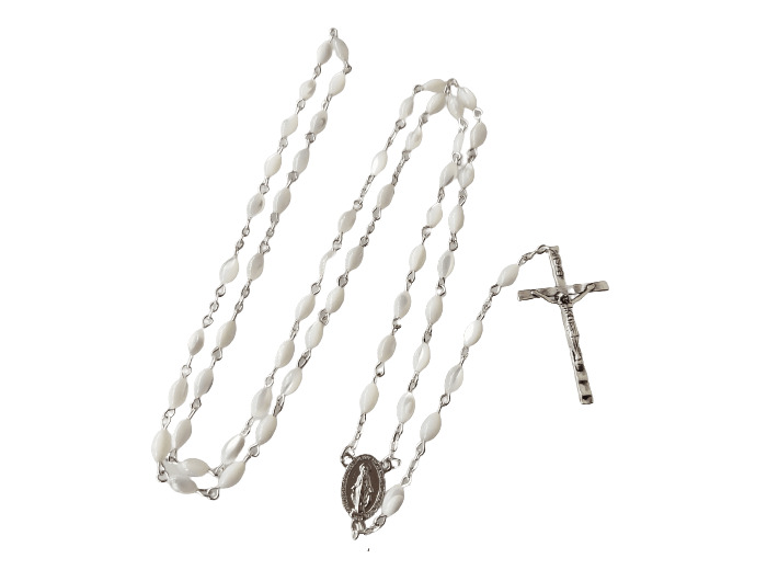 Chapelet en Nacre grain ovale chaine argentée + BOITE