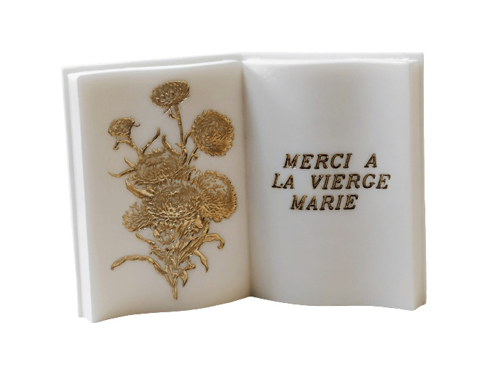 Ex Voto en albâtre 15x21cm-Blanche et Or-Merci à La Vierge Marie
