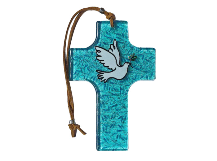 Croix en verre 8x12cm- COLOMBE bleue Fond feuilles