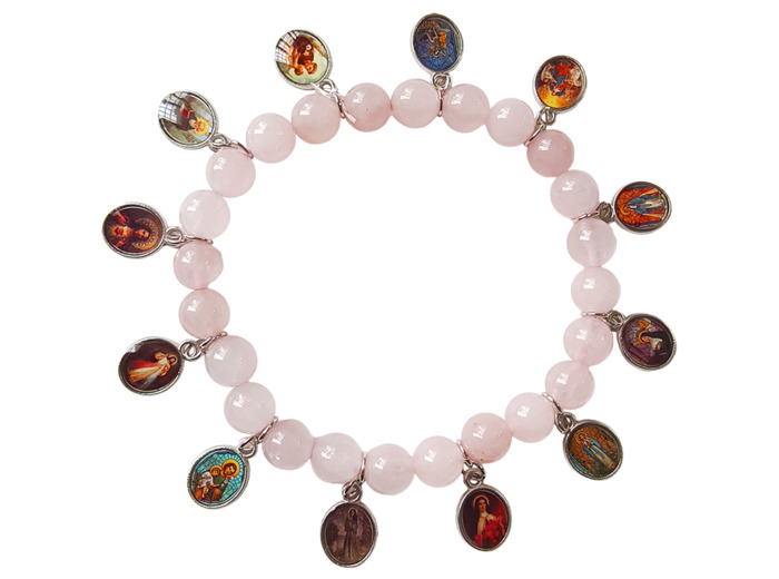 Bracelet élastique 12 Saints en Pierre coloris Quartz Rose