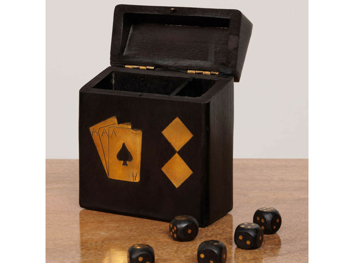 Boîte de Jeux Cartes Dés Bois Laiton 12x10x5cm