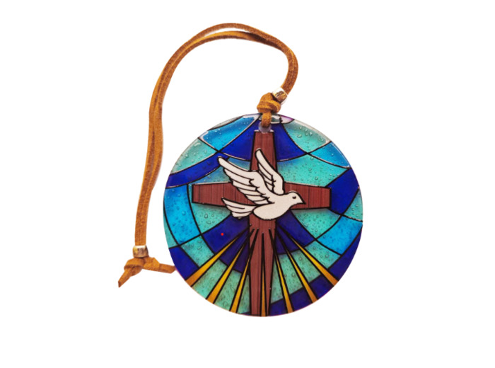 Médaillon verre diamètre 7cm- COLOMBE sur CROIX-VITRAIL bleue