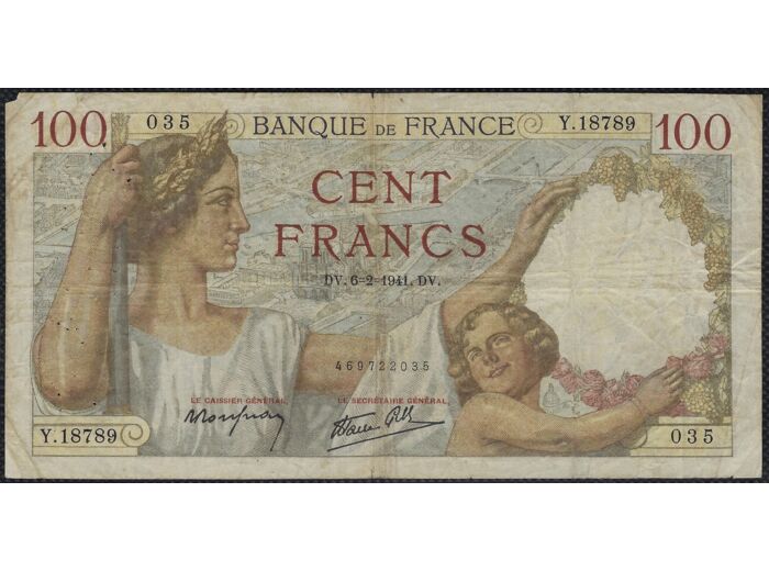FRANCE 100 FRANCS SULLY 6-2-1941 Y.18789 TB+ (F26/46)