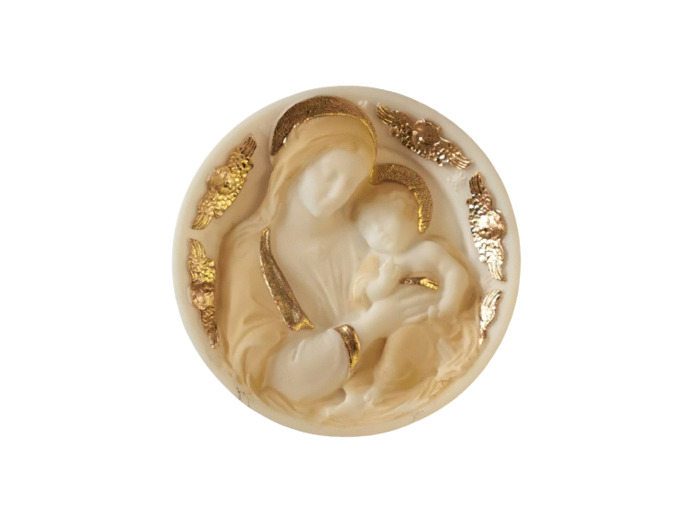Assiette Murale D10cm en Albaster Beige et Or - Vierge et Enfant