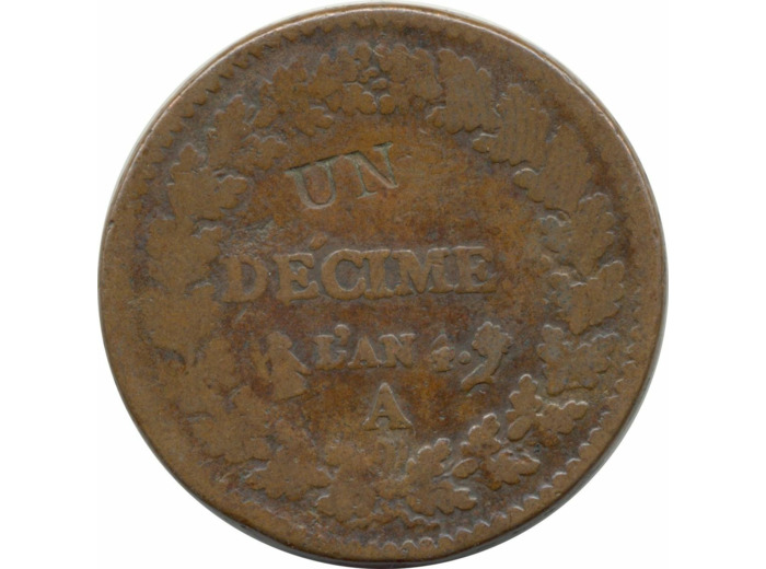 FRANCE UN DECIME AN 4 A (Paris) Modification du 2 DECIME TB 20gr15