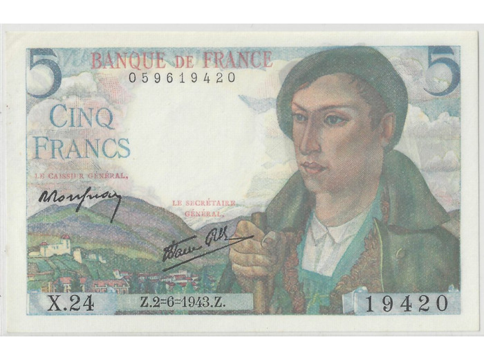 FRANCE 5 FRANCS BERGER X. 24 02/06/1943  NEUF