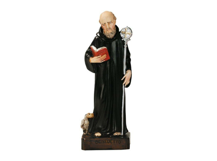 St Benoit 16 cm résine polychrome peinte main -Tête nue livre ouvert