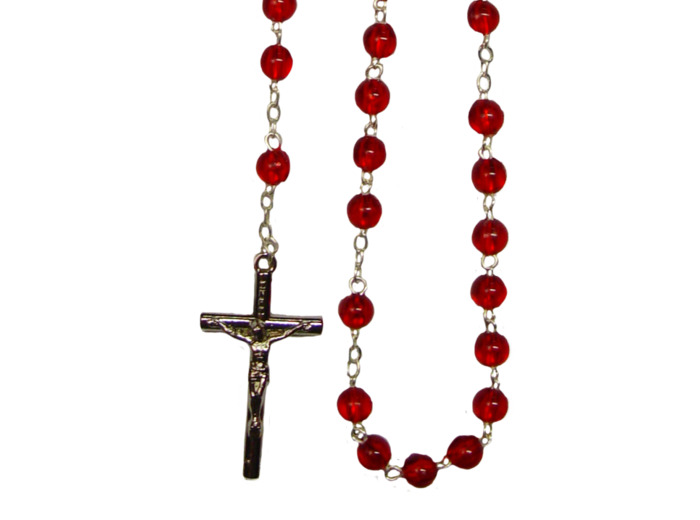 Chapelet Perles Plastique Sur Chaine Argentée - ROUGE