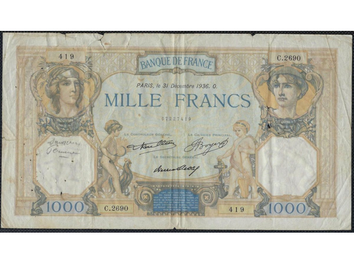 FRANCE 1000 FRANCS CERES ET MERCURE 31 DECEMBRE 1936 C.2690 TB