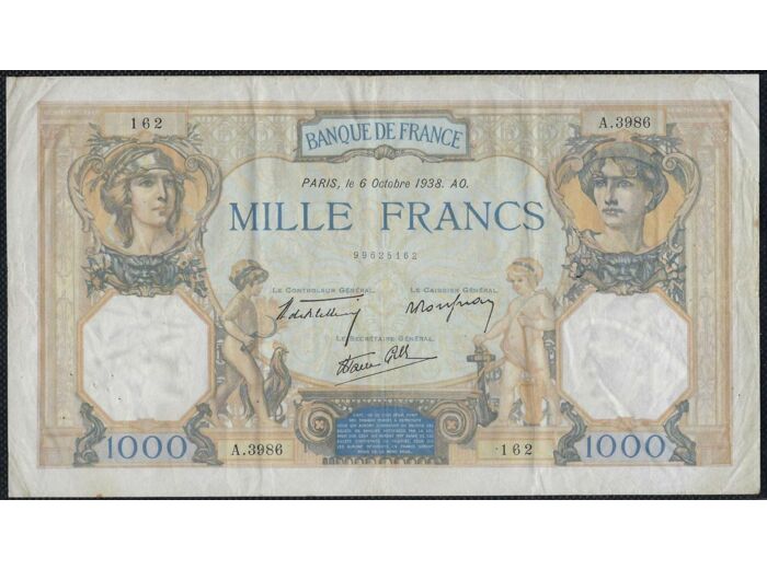 FRANCE 1000 FRANCS CERES ET MERCURE 6 OCTOBRE 1938 A.3986 TTB