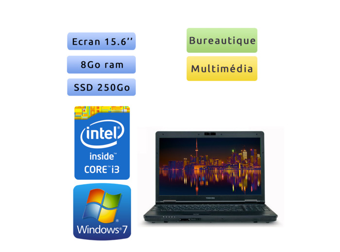 Toshiba Tecra A11 - Windows 7 - i3 8Go 250 Go SSD - Webcam  - 15.6 - Ordinateur Portable