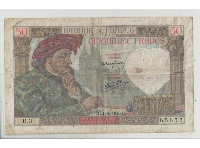 FRANCE 50 FRANCS JACQUES COEUR 13-6-1940 U.3 TB+