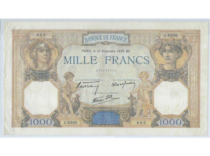 FRANCE 1000 FRANCS CERES ET MERCURE 16 11 1939 SERIE J.8330 TTB+