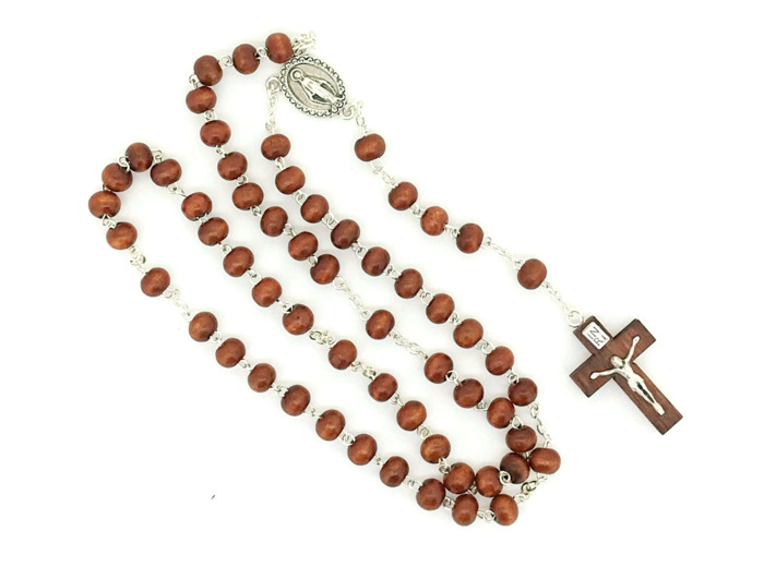 Chapelet en BOIS grain rond sur chaine argentée- FONCE