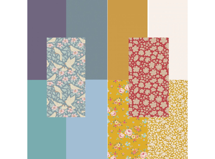 LOT DE 10 COUPONS DE TISSU TILDA UNIS ET IMPRIMÉS  25 X 55 CM, BLEU, ROUGE, MOUTARDE